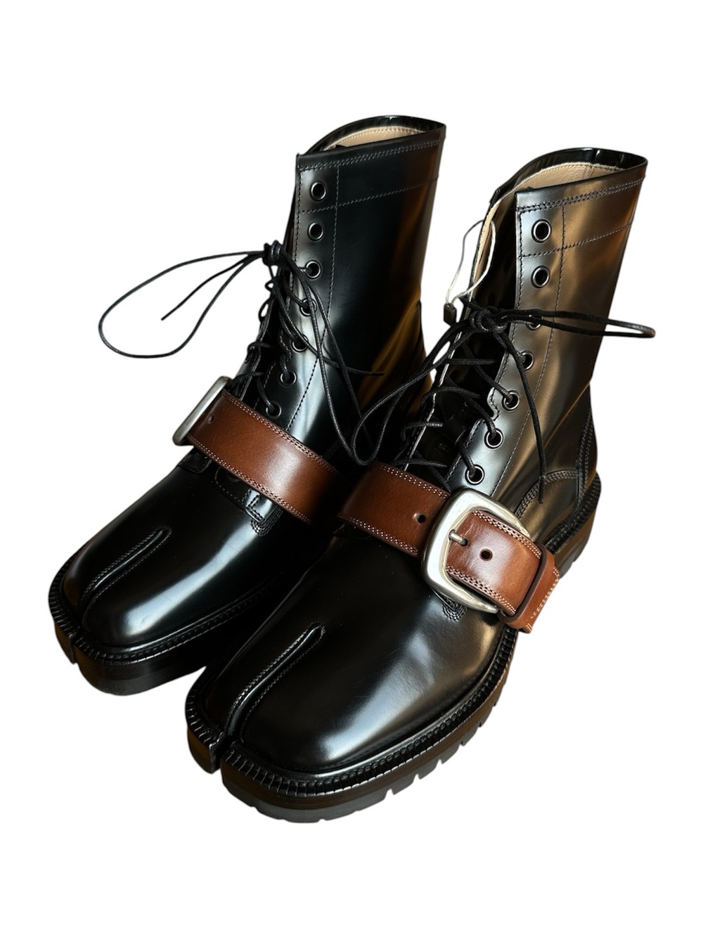 Maison Margiela Black Leather Ankle Combat Tabi Boot w Brown Buckle Strap EU40